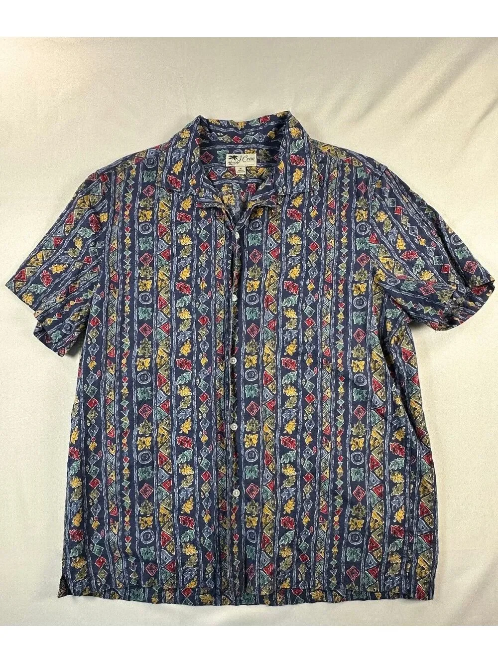 Vintage 90s J Crew Sportswear Tribal Geometric Camp Shirt Men's Medium (150)